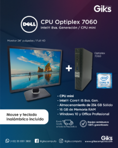 PC Dell Optiplex 7060. Intel Core i5-8va gen. 16GB RAM. 256GB SSD. Pantalla 24" Full HD
