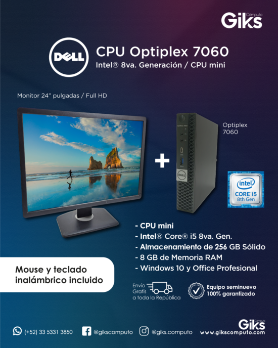 PC Dell Optiplex 7060. Intel Core i5-8va gen. 8GB RAM. 256GB SSD. Pantalla 24" Full HD