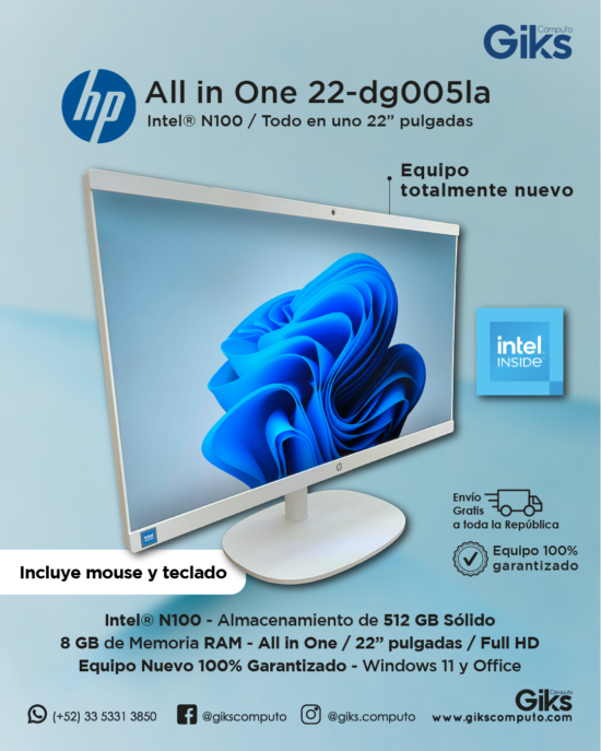 All in One HP 22-DG005. Intel N100. 8GB RAM DDR5. 512GB SSD. Pantalla 22" Nueva