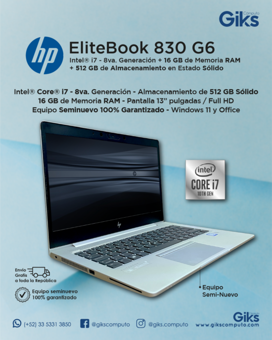 HP Elitebook 830 G6. Intel Core i7-8va. 16GB RAM. 512GB SSD. Pantalla 13.1"