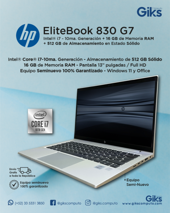 HP Elitebook 830 G7. Intel Core i7-10ma. 16GB RAM. 512GB SSD. Pantalla 13.1"