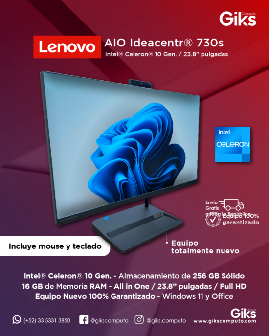 All in One Lenovo Ideacentre 730s. Intel Celeron. 16GB RAM. 512GB SSD. Pantalla 24" Nueva en Caja