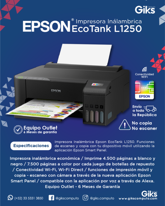 Impresora Simple Epson Ecotank L1250. A color.