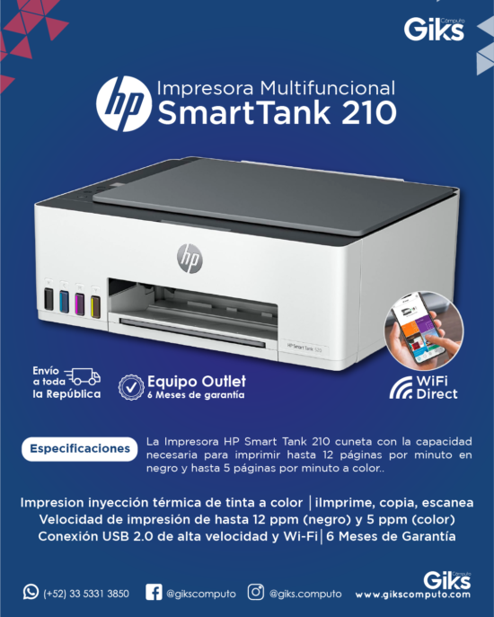 Impresora Simple HP Smart Tank 210. A color. Con Wifi