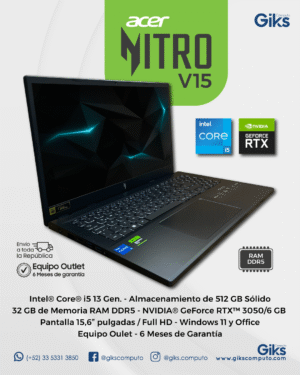 Acer Nitro V15. Intel Core i5-13va Gen. 32GB RAM. 512GB SSD.  Nvidia RTX 3050 de 6GB. Pantalla 15.6" NUEVA
