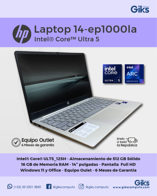 Laptop HP 14-ep1000. Core Ultra 5. 16GB RAM. 512GB SSD. Intel ARC. pantalla 14". NUEVA