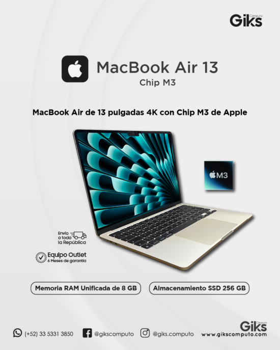 MacBook Air 13. Chip M3. 8GB RAM. 256GB SSD. Pantalla 13" a 4K. NUEVA