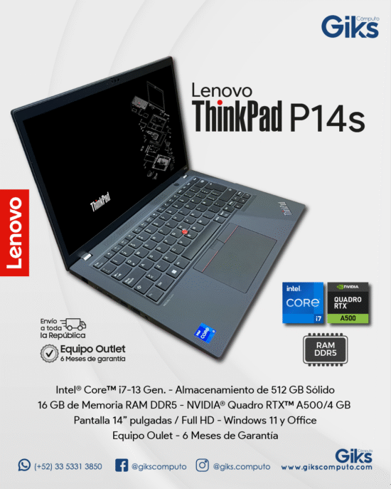 Workstation Lenovo Thinkpad P14s. Core i7-13va gen. 16GB RAM. 512GB SSD. Quadro RTX A500. Pantalla 14". NUEVA