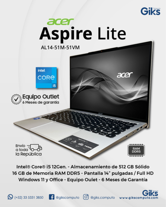 Acer Aspire Lite. Intel Core i5 12va Gen. 16GB RAM. 512GB SSD. Pantalla 14.1". NUEVA