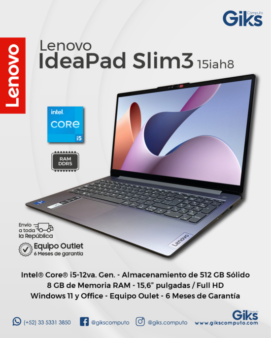 Lenovo Ideapad Slim 3. Core i5 12va gen. 8GB RAM. 512GB SSD. 15.6" NUEVA