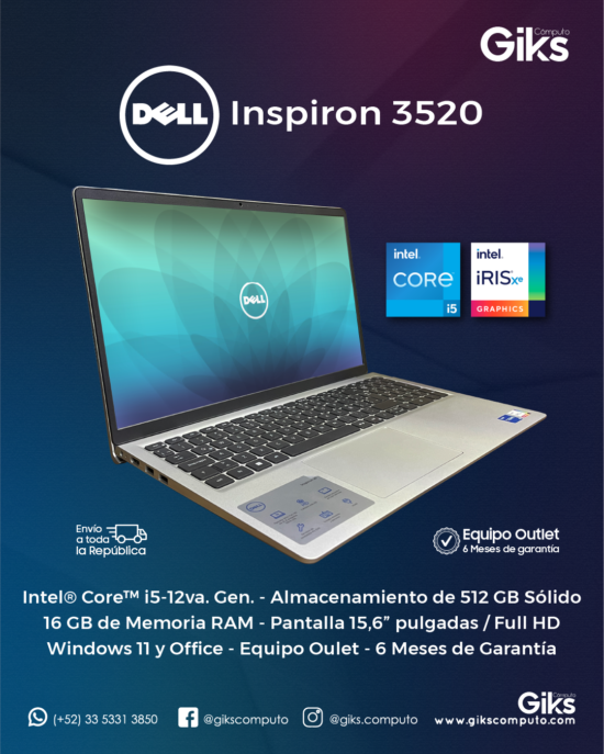 Dell Inspiron 3520. Core i5 12va gen. 8GB RAM. 512GB SSD. Pantalla 15.6 NUEVA
