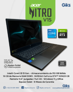 Acer Nitro V15. Intel Core i5-13va Gen. 16GB RAM. 512GB SSD.  Nvidia RTX 3050 de 6GB. Pantalla 15.6" NUEVA