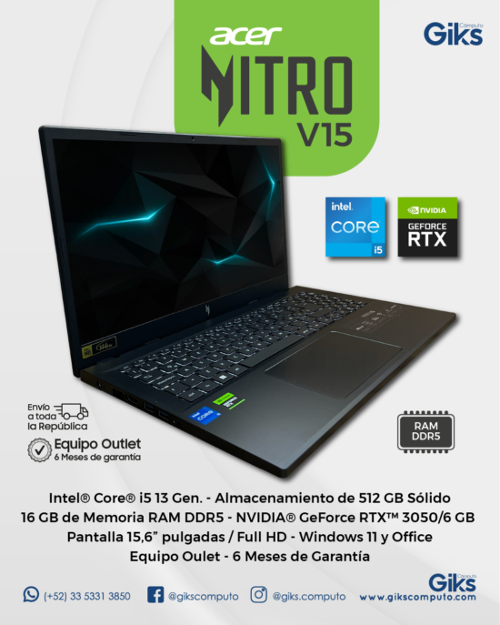Acer Nitro V15. Intel Core i5-13va Gen. 16GB RAM. 512GB SSD.  Nvidia RTX 3050 de 6GB. Pantalla 15.6" NUEVA