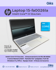 HP Laptop 15-fd0026la. Intel Core i3-12va. 8GB RAM. 512GB SSD. Pantalla 15.6" NUEVA