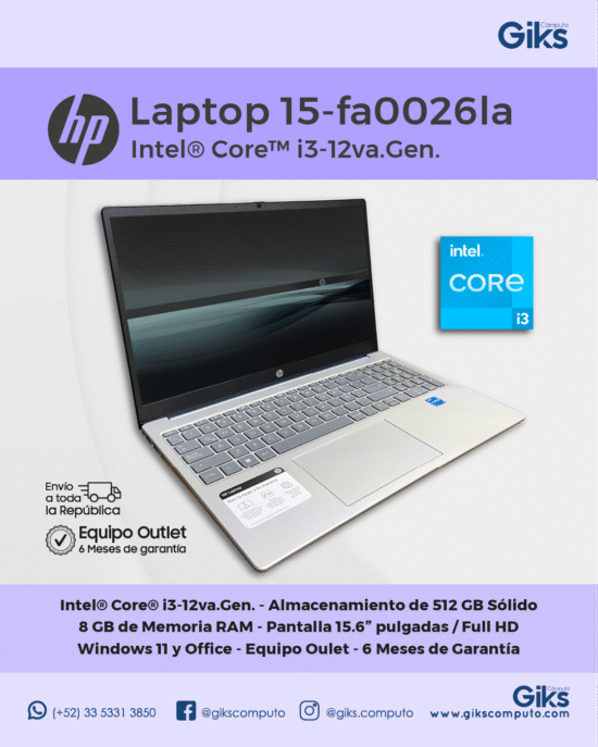 HP Laptop 15-fd0026la. Intel Core i3-12va. 8GB RAM. 512GB SSD. Pantalla 15.6" NUEVA