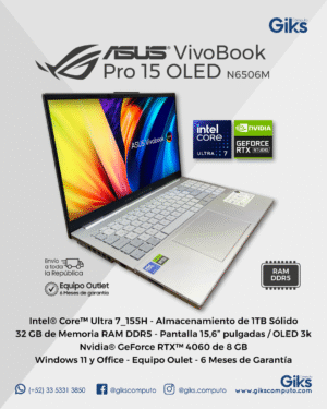 Asus Vivobook PRO 15. Intel Ultra 7. 32GB RAM. 1tb SSD. RTX 4060 de 8GB. Pantalla 15.6" OLED 3K. NUEVA