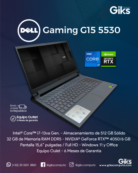 Dell Gamer G15 5530. Intel Core i7-13va gen. 32GB RAM. 512GB SSD. RTX 4050 DE 6GB. NUEVA