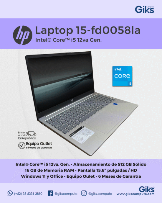 HP Laptop 15-fd0058la. Intel Core i5-12va. 16GB RAM. 512GB SSD. Pantalla 15.6" NUEVA