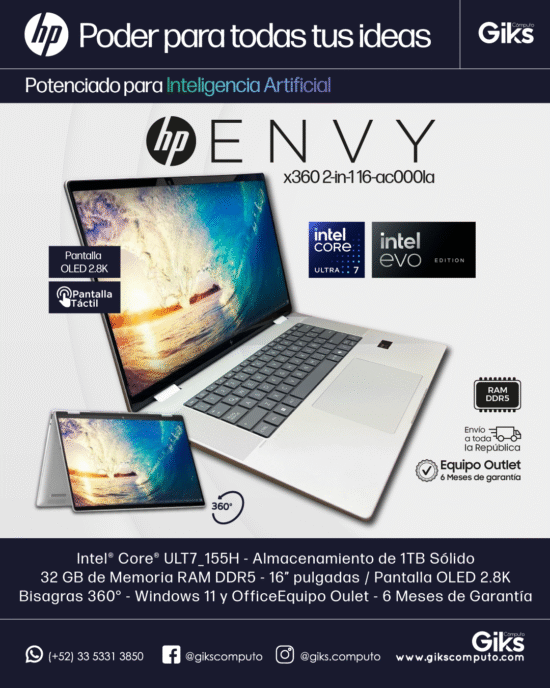 HP Envy x360. Intel Ultra 7. 32GB RAM. 1TB SSD. Pantalla 16" OLED TOUCH. Modo Tableta con Pluma. NUEVA