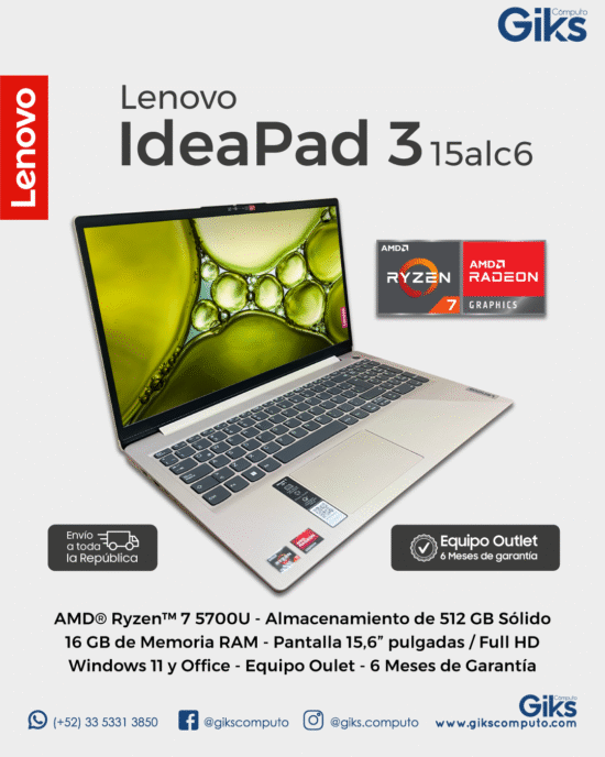 Lenovo Ideapad 1. Ryzen 7. 16GB RAM. 512GB SSD. Pantalla 15.6" Color Arena. NUEVA
