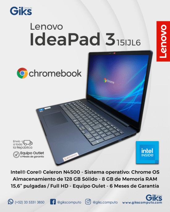 Lenovo Chromebook Ideapad 3. Intel Celeron N4500. 8GB RAM. 128GB SSD. Pantalla 15.6. NUEVA