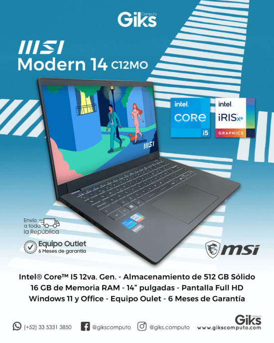 MSI Modern 14. Intel Core i5-12va gen. 16GB RAM. 512GB SSD. Pantalla 14". NUEVA