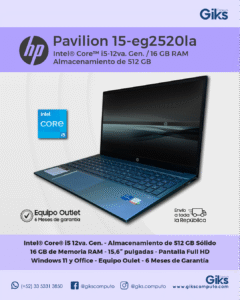 HP Pavilion 15-eg2520la. Core i5-12va Gen. 16GB RAM. 512GB SSD. Pantalla 15.6" NUEVA