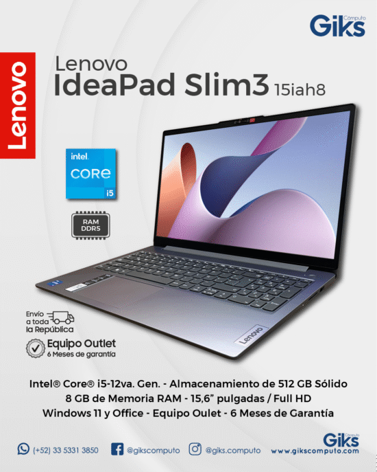 Lenovo Ideapad Slim 3. Core i5-12va. 8GB RAM. 512GB SSD. Pantalla 15.6". NUEVA