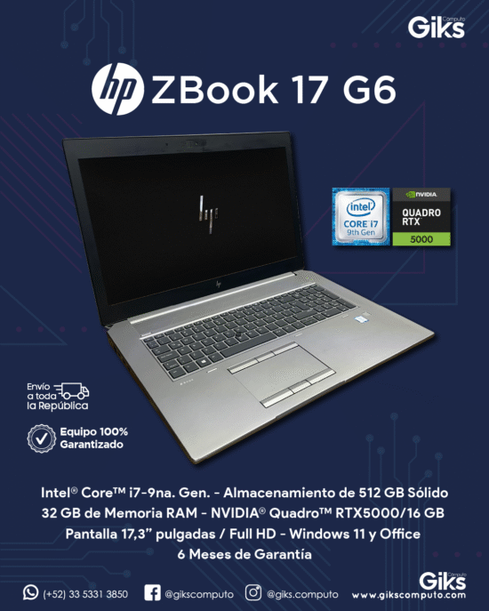 HP Zbook 17 G6. Core i7. 32gb RAM. 512gb SSD. 16GB Video. Pantalla 17"