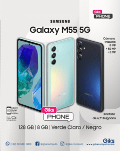 Samsung Galaxy M55 5G. 128GB. 8GB RAM. Dual SIM. Pantalla 6.7" Color Verde Claro y Negro