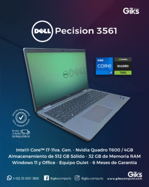 Dell Precision 3561. Intel Core i7-11va Gen. 32GB RAM. 512GB SSD. Nvidia Quadro T600 4GB. Pantalla 15.6"