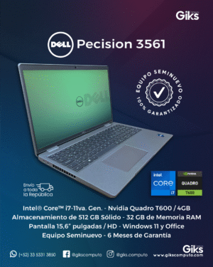 Dell Precision 3561. Intel Core i7-11va Gen. 32GB RAM. 512GB SSD. Nvidia Quadro T600 4GB. Pantalla 15.6" SEMI NUEVA