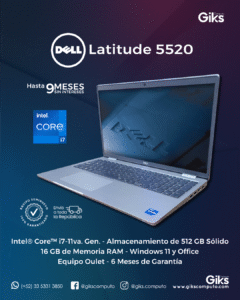 Dell Latitude 5520. Core i7-11va Gen. 16GB RAM. 512GB SSD. Pantalla 15.6. Graficos Iris XE. SEMI NUEVA