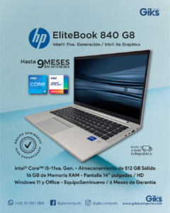 HP EliteBook 840 G8. Core i5 11va gen. 16GB RAM. 512GB SSD. Pantalla 14"