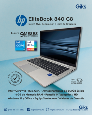 HP EliteBook 840 G8. Core i5 11va gen. 16GB RAM. 512GB SSD. Pantalla 14"