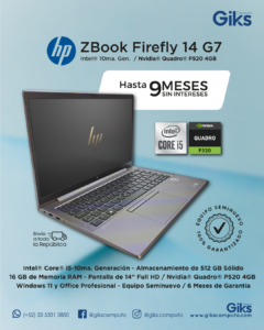 HP Zbook Firefly 14 G7. Core i5-10210U. 16GB RAM. 512GB SSD. Nvidia Quadro P520 4GB. Panalla 14"