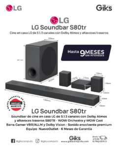 LG Soundbar S80TR. 5.1.3 canales con Dolby Atmos, WOW Orchestra.