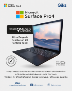 Microsoft Surface Pro 4. Core i7 11va gen. 16GB RAM. 512GB SSD. TOUCH 2K. Semi Nuevo Premium
