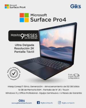 Microsoft Surface Pro 4. Core i7 10ma gen. 16GB RAM. 512GB SSD. Pantalla TOUCH 2k. Semi nueva
