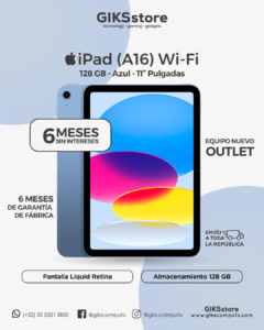 Apple iPad (A16) Wi-Fi. Pantalla Liquid Retina 11”. 128 GB. Color Azul. Nuevo Outlet