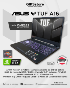 ASUS TUF A16.  AMD Ryzen 5. 16GB RAM. 512GB SSD. Nvidia RTX 2050 4GB. Pantalla 15.6” Full HD. Nuevo Outlet