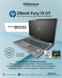 HP ZBook Fury 15 G7. Core i7. 32 GB RAM. 512 GB SSD. Nvidia Quadro RTX 3000 6GB. 15.6” Full HD. Semi Nuevo Premium
