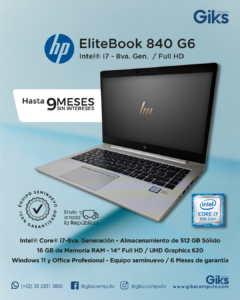 HP EliteBook 840 G6. Core i7 8va Gen. 16GB RAM. 512GB SSD. Semi Nuevo Premium