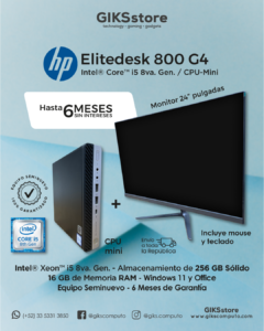 PC Completa. CPU HP mini. Core.  i5 8va Gen. 16GB RAM. 256GB SSD. Monitor 24" Mouse y teclado. Equipo Semi Nuevo Premium 