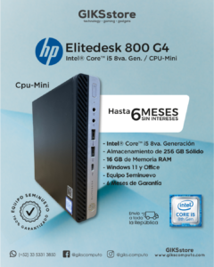 CPU Mini HP Elitedesk 800 G4. Intel Core  i5 -8va Gen. 16 GB  RAM.  256 GB SSD. Windows 11. Semi Nuevo Premium