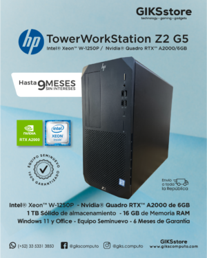 HP WorkStation Z2 G5. Intel Xeon Xeon W‑1250P. 16GB RAM. 1TB SSD. Nvidia RTX A2000 (6GB). Semi nuevo Premium
