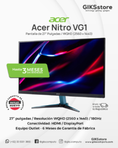 Monitor Gamer Acer Nitro VG1. 27". WQHD. Nuevo Outlet