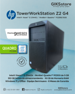 HP WorkStation Z2 G4. Intel Xeon E‑2144G. 16GB RAM. 512GB SSD. NVIDIA Quadro P2200 DE 5GB. SEMI NUEVO PREMIUM