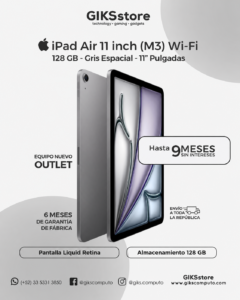 𝗔𝗽𝗽𝗹𝗲 𝗶𝗣𝗮𝗱 𝗔𝗶𝗿 𝟭𝟭” (𝗠𝟯) 𝗪𝗶-𝗙𝗶 𝟭𝟮𝟴 𝗚𝗕. Retina 11". Color Gris Espacial. Nuevo Outlet