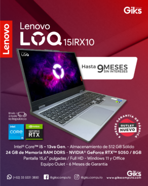 Lenovo LOQ. Intel Core i5 de 13va Gen. 24gb RAM. 512gb Ssd. Nvidia Rtx 5050 de 6GB. Color Gris Luna. NUEVO OUTLET.